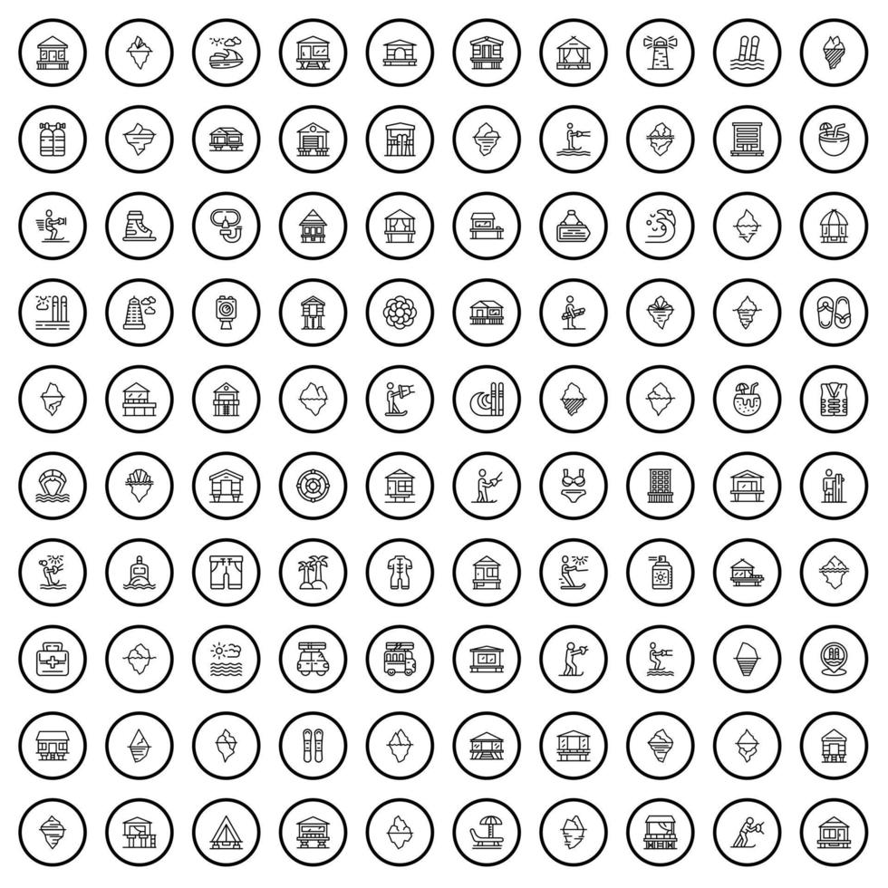 100 sea icons set, outline style vector