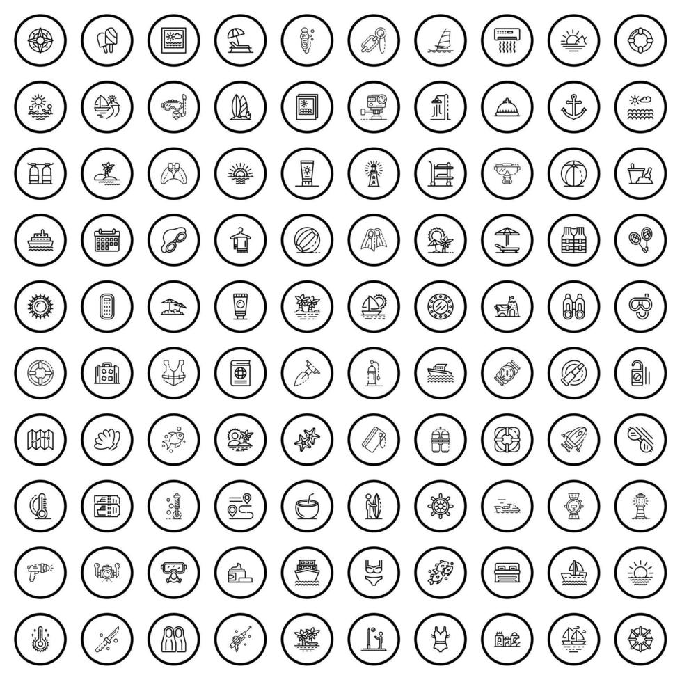 100 sea icons set, outline style vector