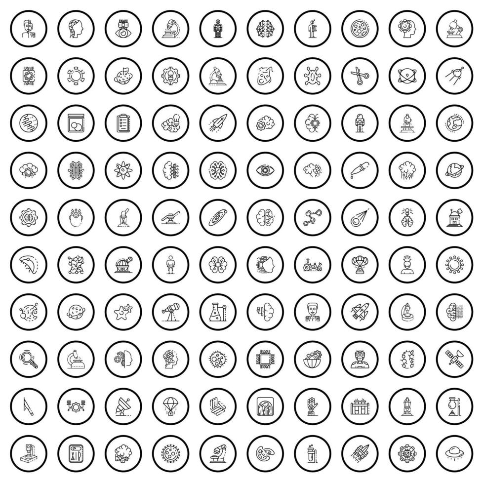 100 science icons set, outline style vector