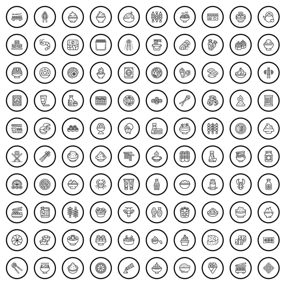 100 iconos de sushi, estilo de esquema vector