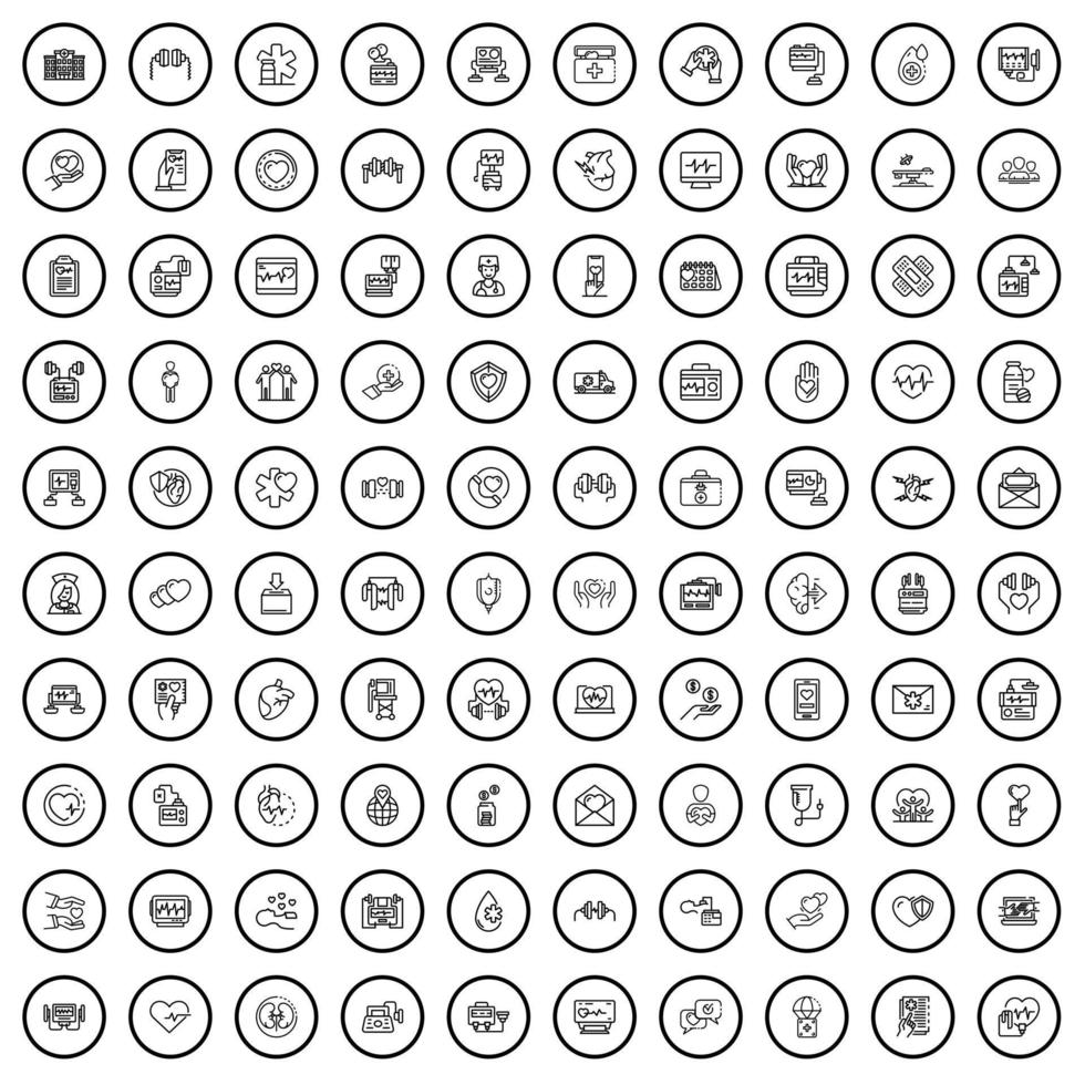 100 heart icons set, outline style vector