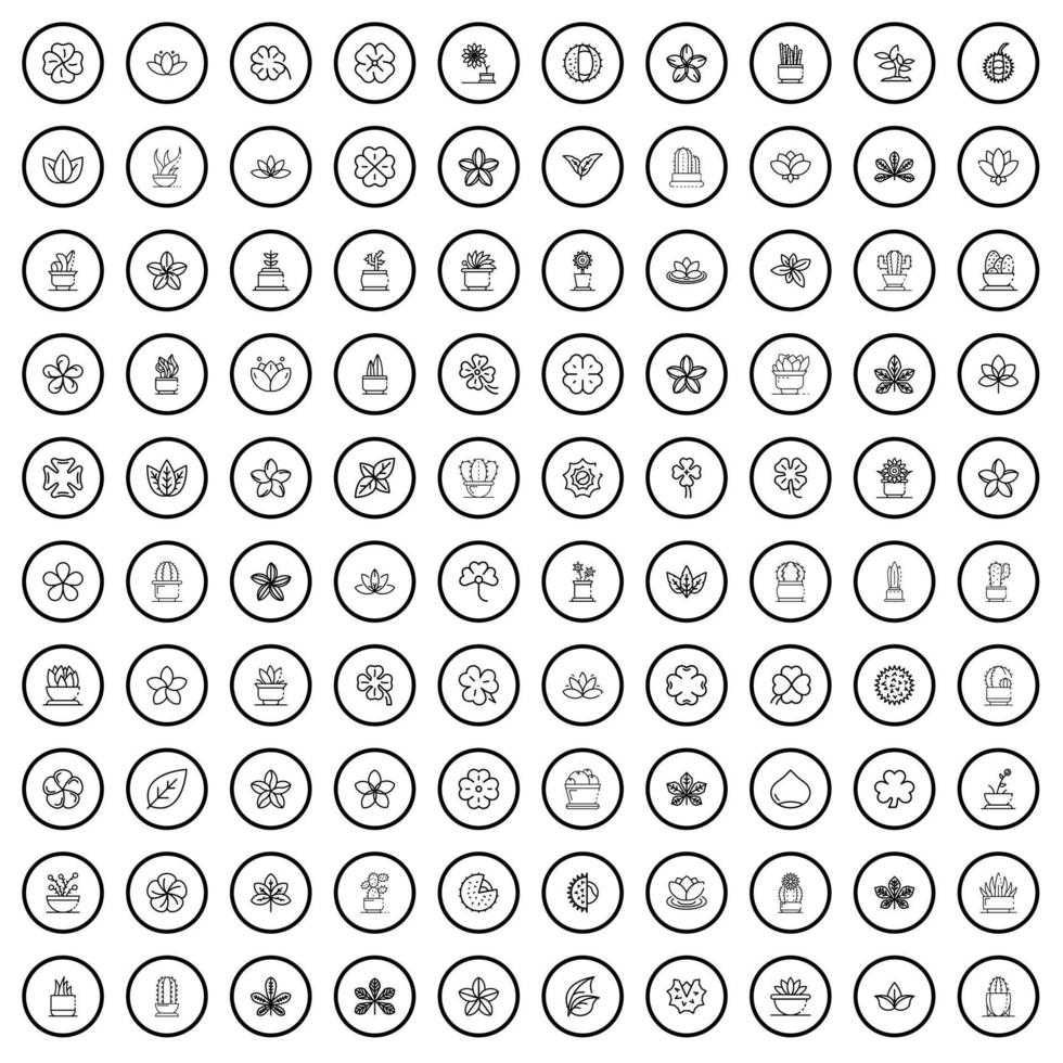 100 plant icons set, outline style vector
