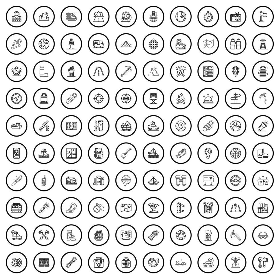 100 iconos de caminata establecidos, estilo de esquema vector