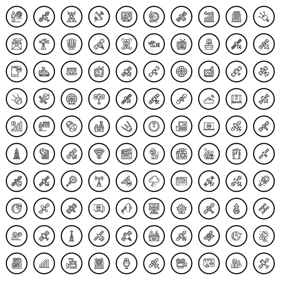 100 telecommunication icons set, outline style vector