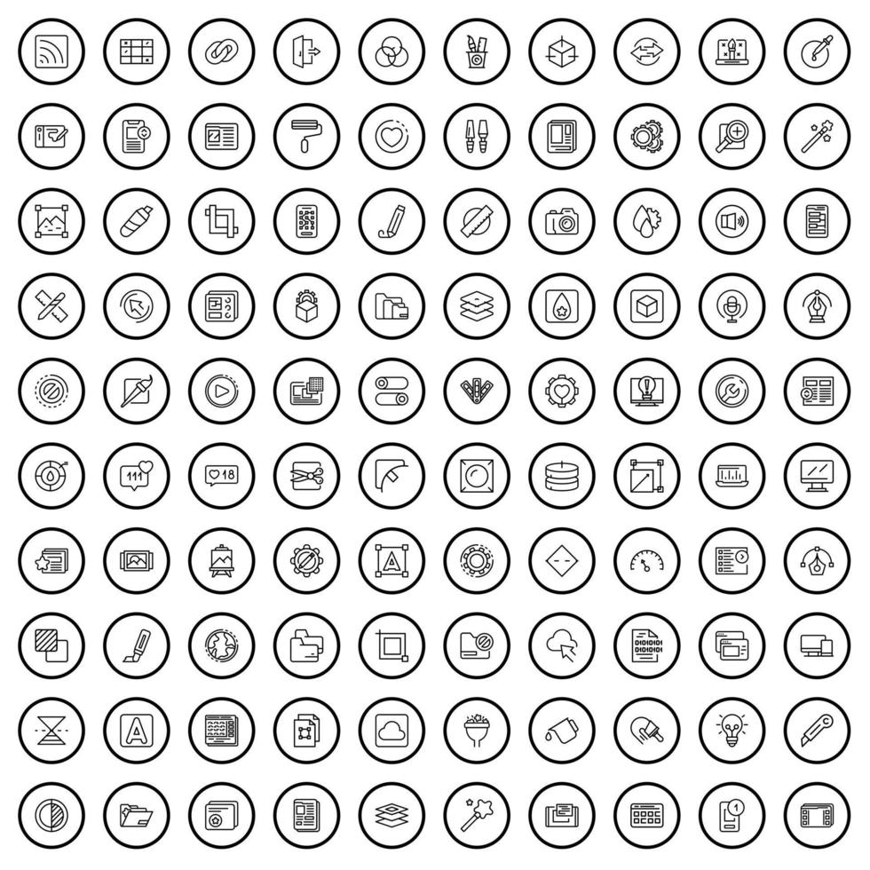 100 interface icons set, outline style vector