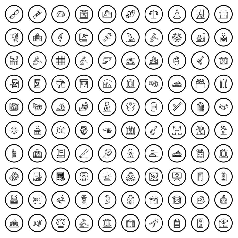 100 law icons set, outline style vector