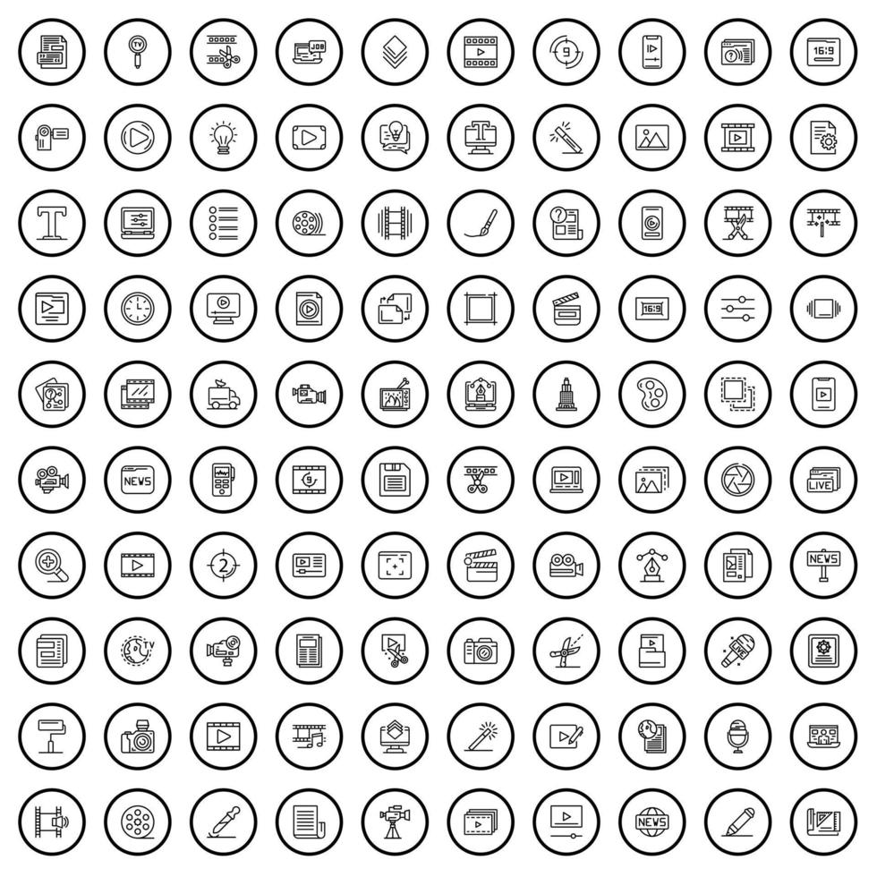 100 mass media icons set, outline style vector