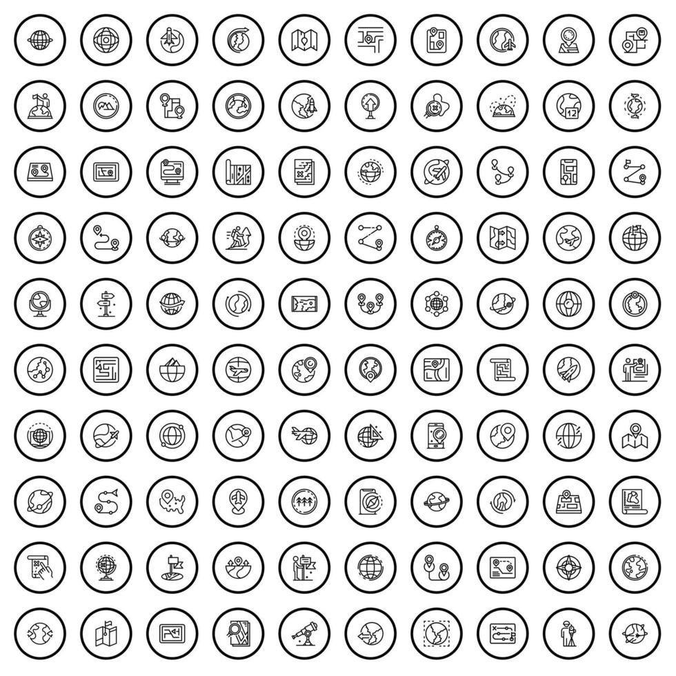 100 map icons set, outline style vector