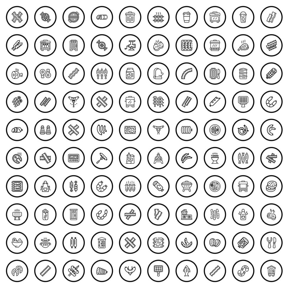 100 meat icons set, outline style vector