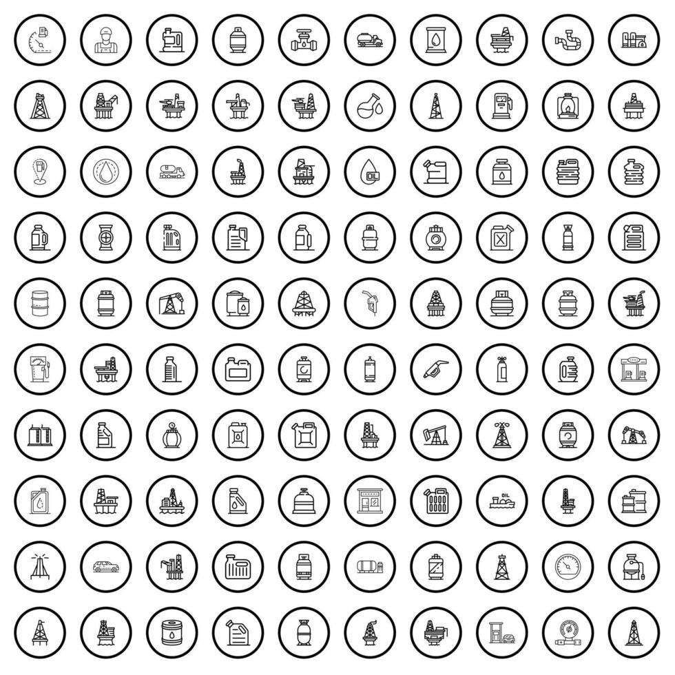 100 iconos de combustible, estilo de esquema vector