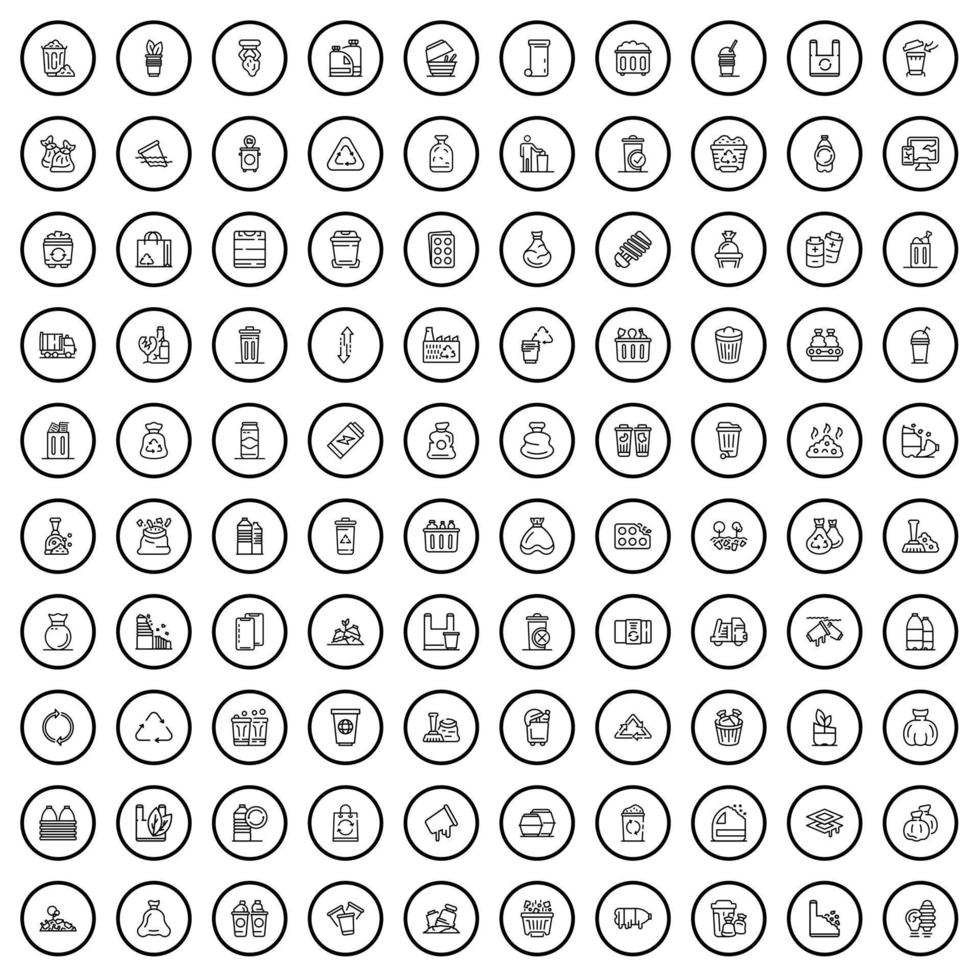 100 garbage icons set, outline style vector