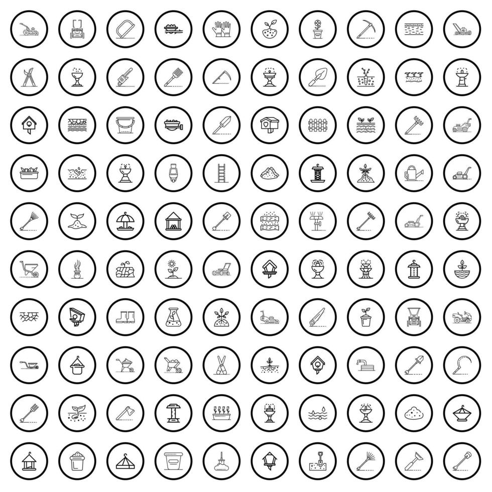 100 iconos de jardín, estilo de esquema vector