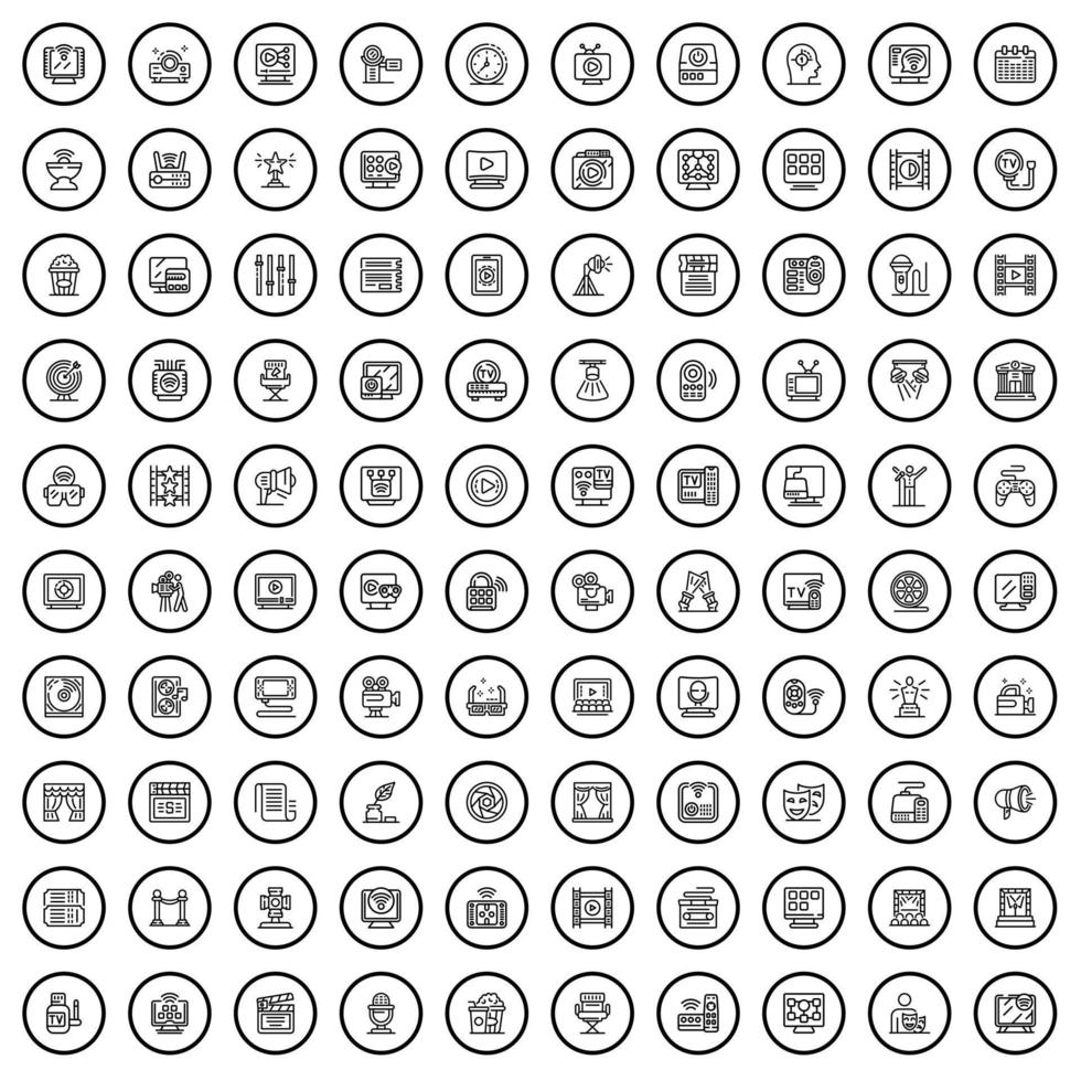 100 movie icons set, outline style vector