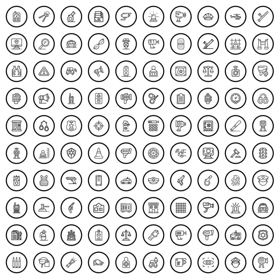 100 police icons set, outline style vector