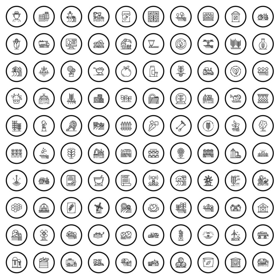 100 iconos de plantación establecidos, estilo de esquema vector