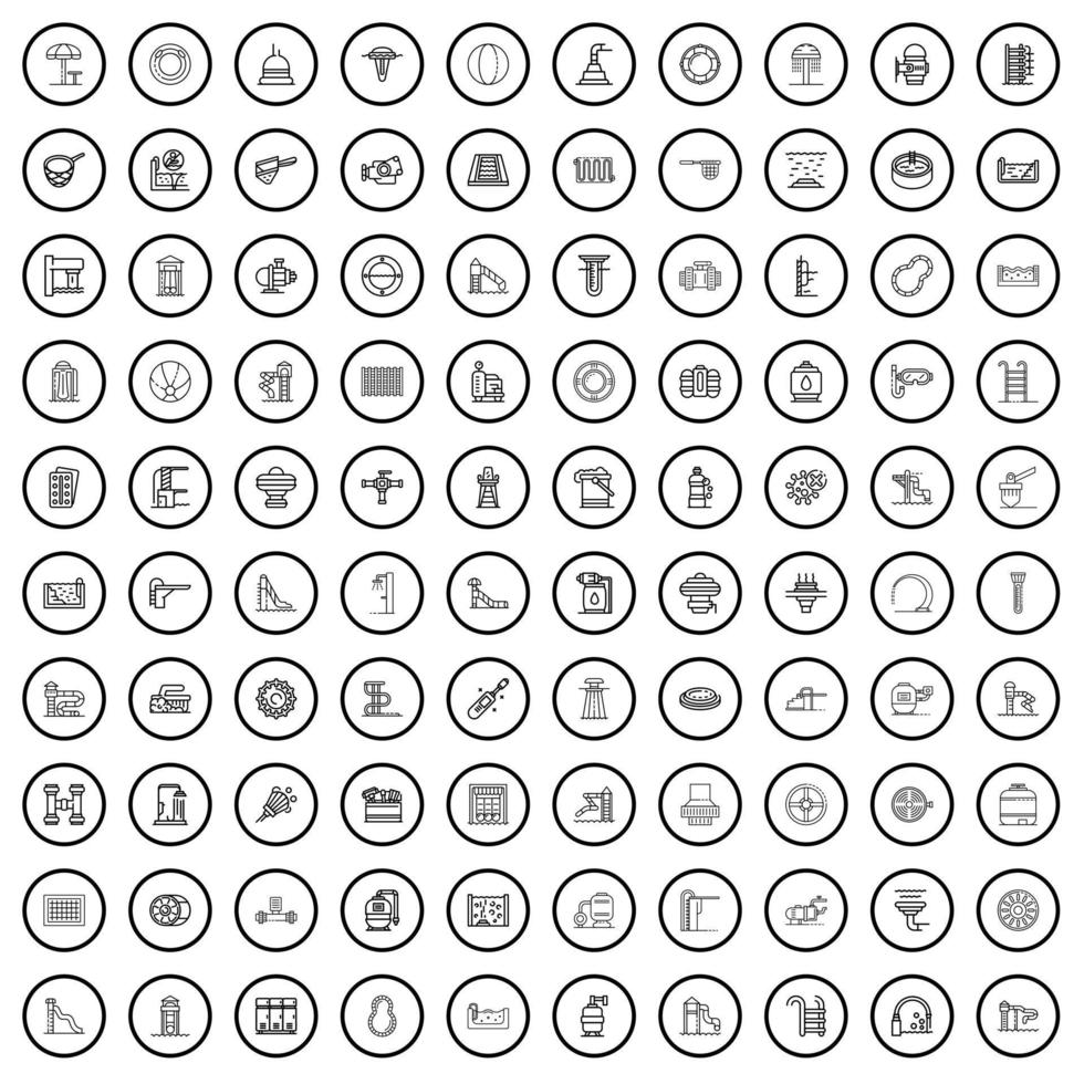 Conjunto de 100 iconos de piscina, estilo de esquema vector