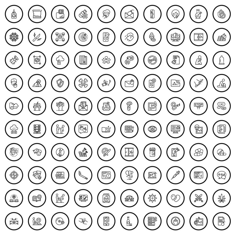 100 crime icons set, outline style vector