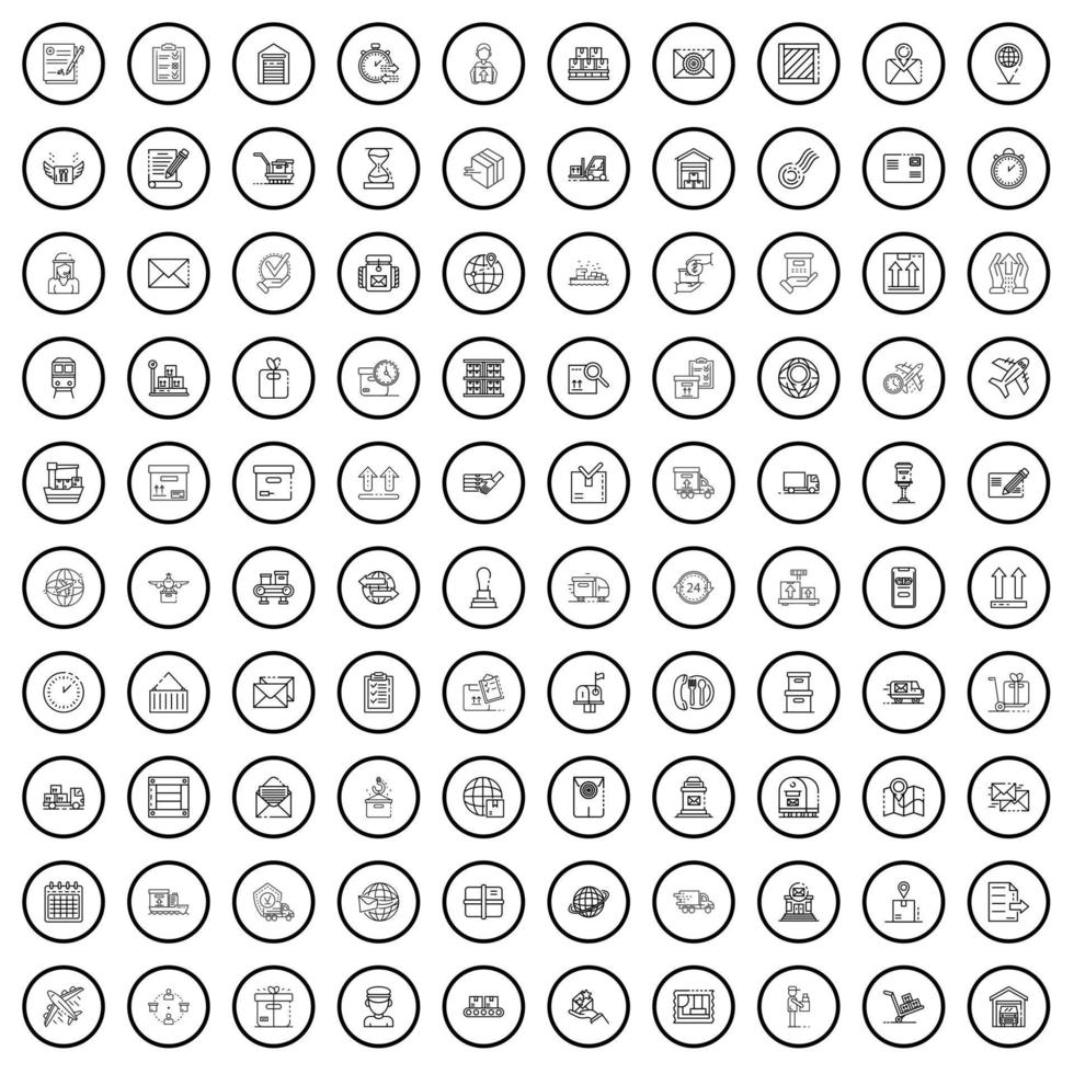 100 conjunto de iconos de entrega, estilo de esquema vector