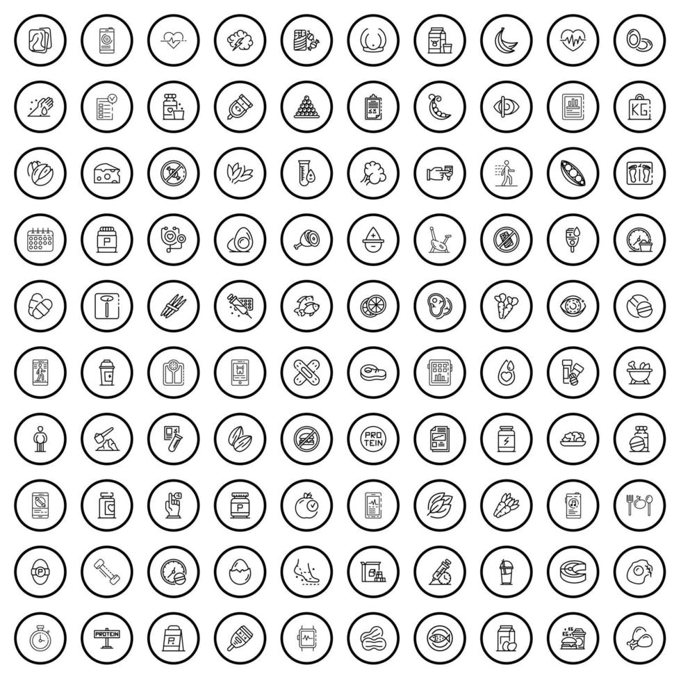 100 diet icons set, outline style vector