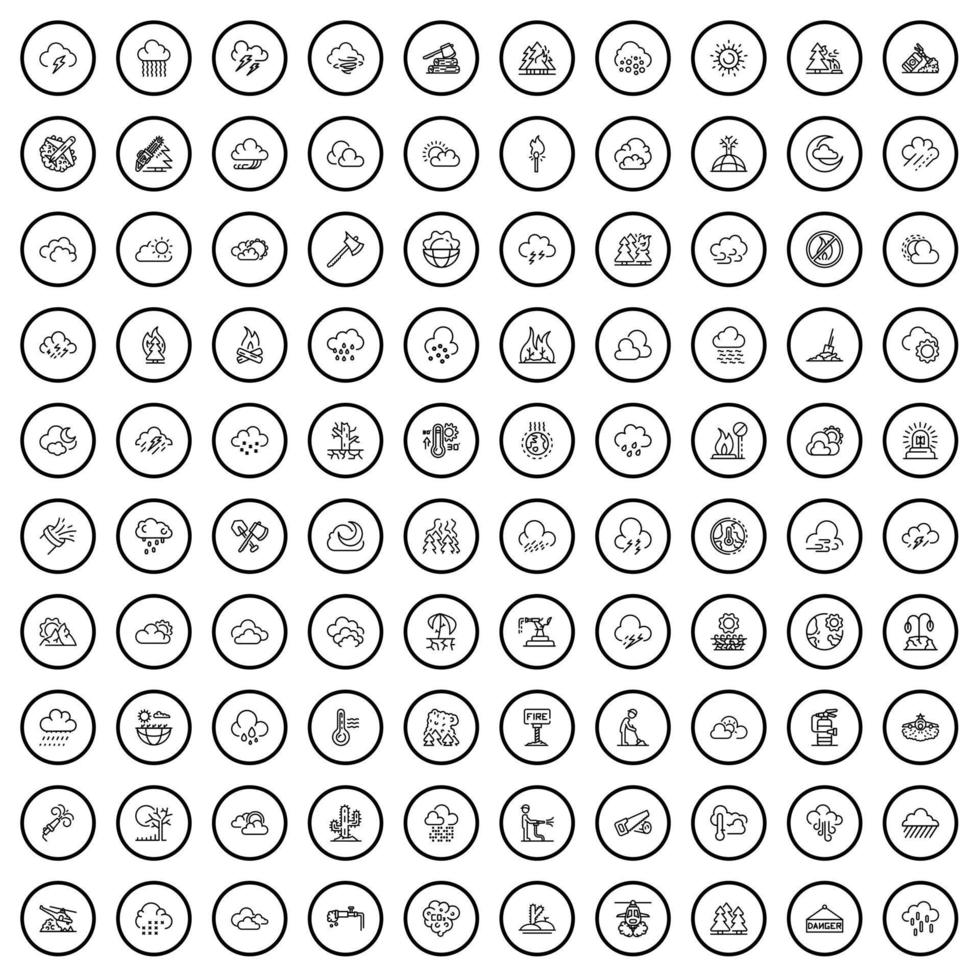 100 iconos de desastres establecidos, estilo de esquema vector