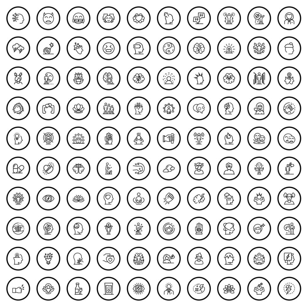 100 emotion icons set, outline style vector