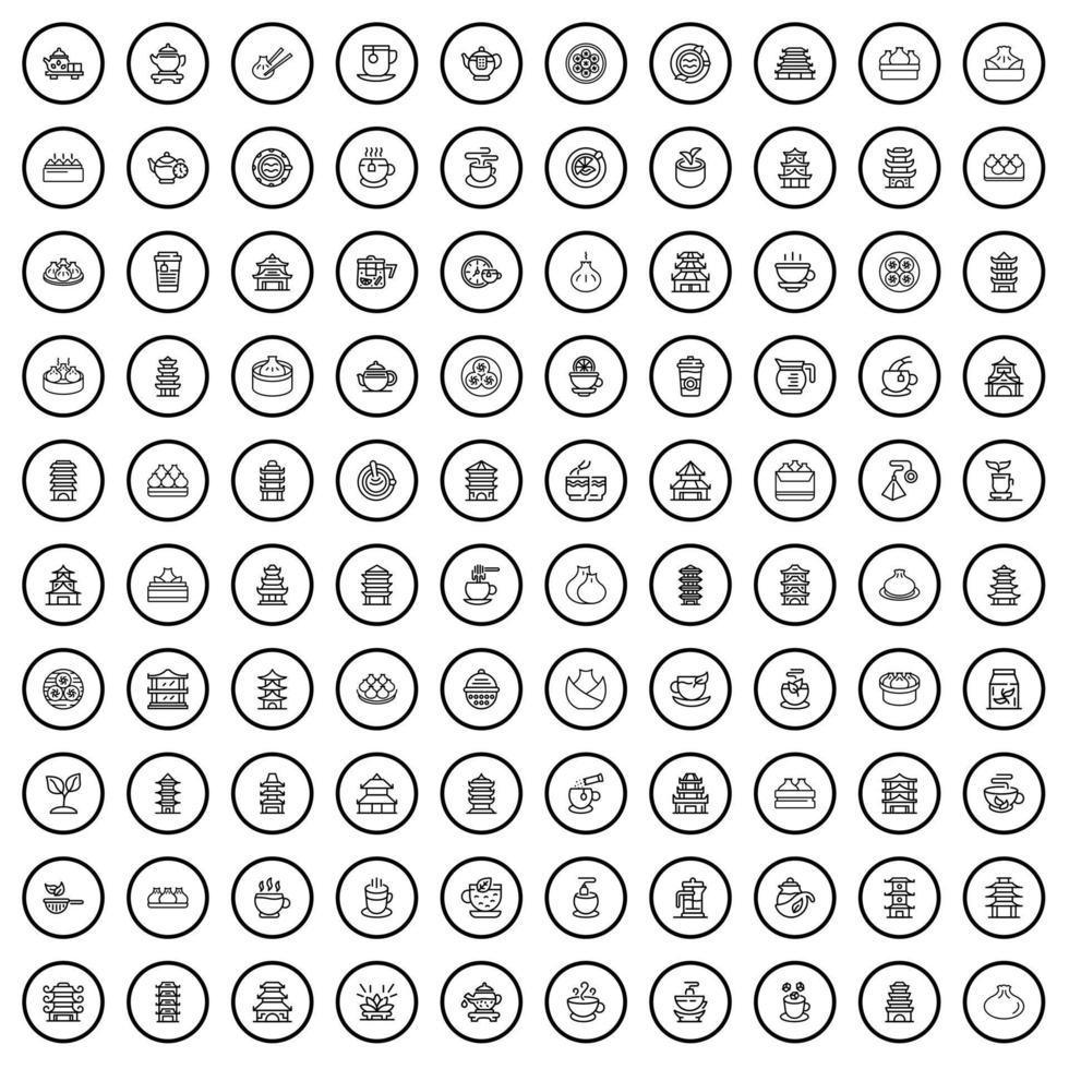 100 china icons set, outline style vector