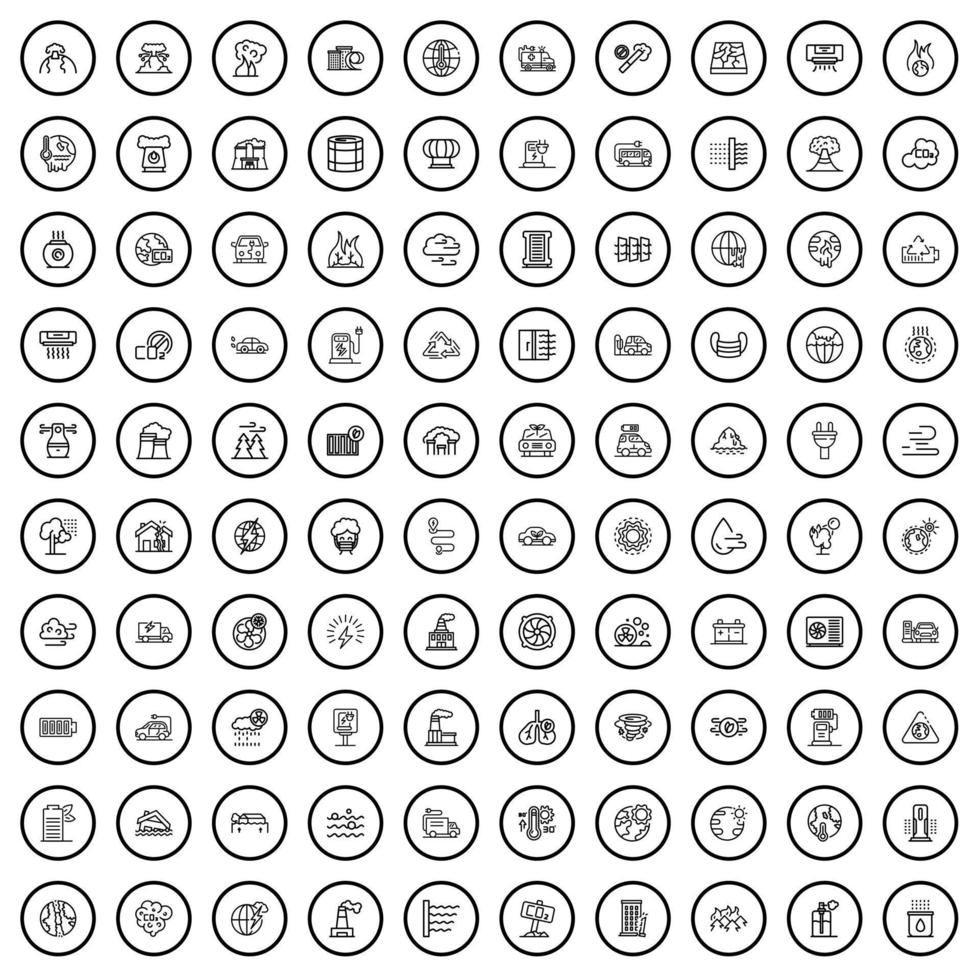 100 emission icons set, outline style vector