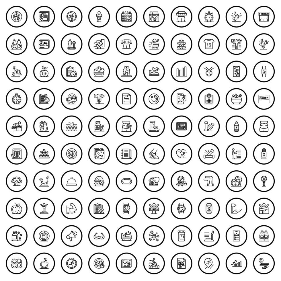 100 fitness icons set, outline style vector