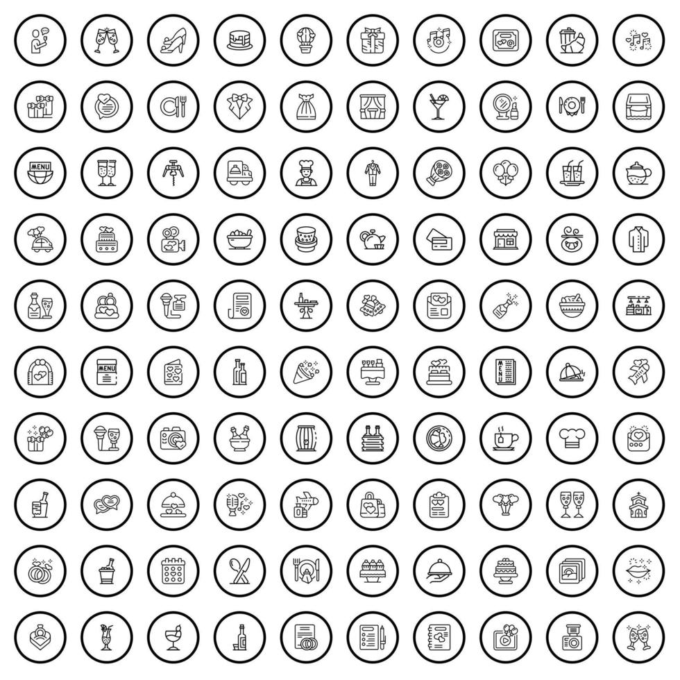 Conjunto de 100 iconos de banquete, estilo de contorno vector