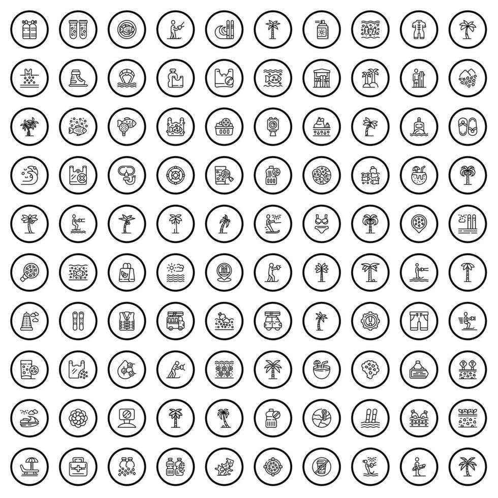 100 beach icons set, outline style vector