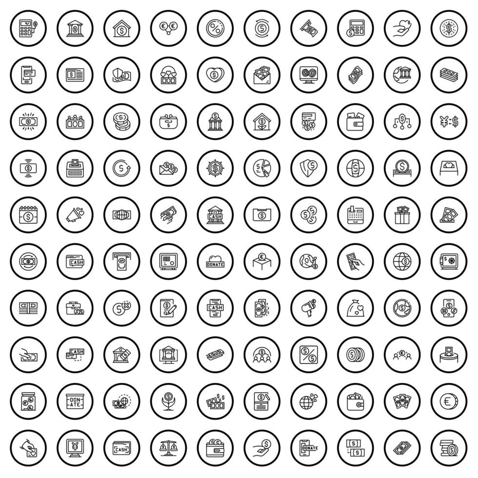100 coin icons set, outline style vector