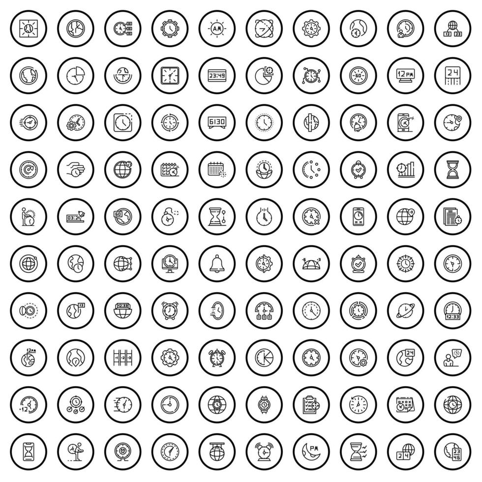 100 clock icons set, outline style vector