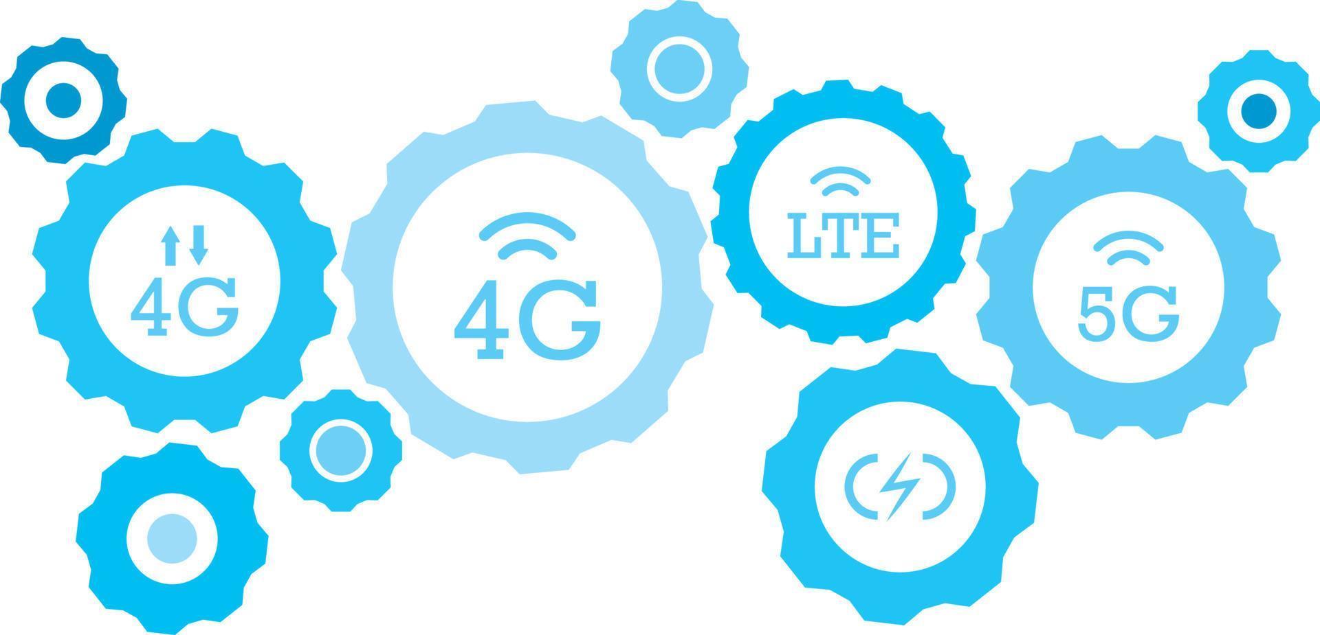 Connected gears and vector icons for logistic, service, shipping, distribution, transport, market, communicate concepts. 4g, signal, arrows gear blue icon set on white background