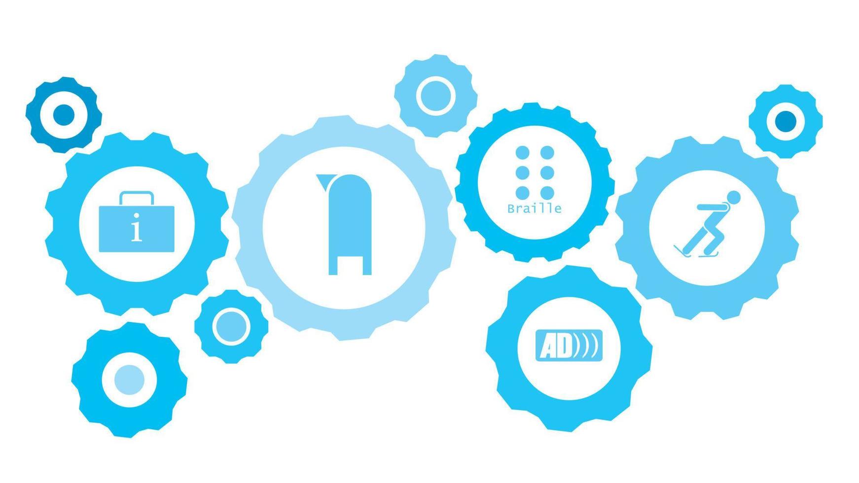 Ice skating athlete gear blue icon set. Abstract background with connected gears and icons for logistic, service, shipping, distribution, transport, market, communicate concepts vector
