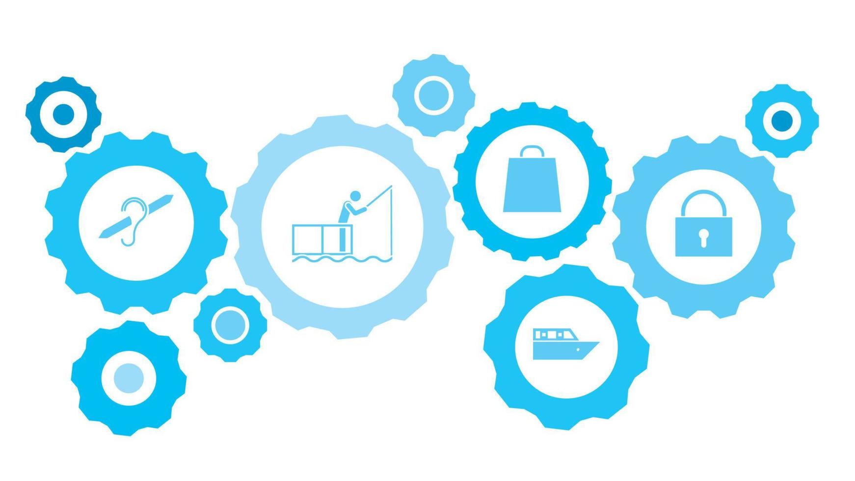 Key gear blue icon set. Abstract background with connected gears and icons for logistic, service, shipping, distribution, transport, market, communicate concepts vector