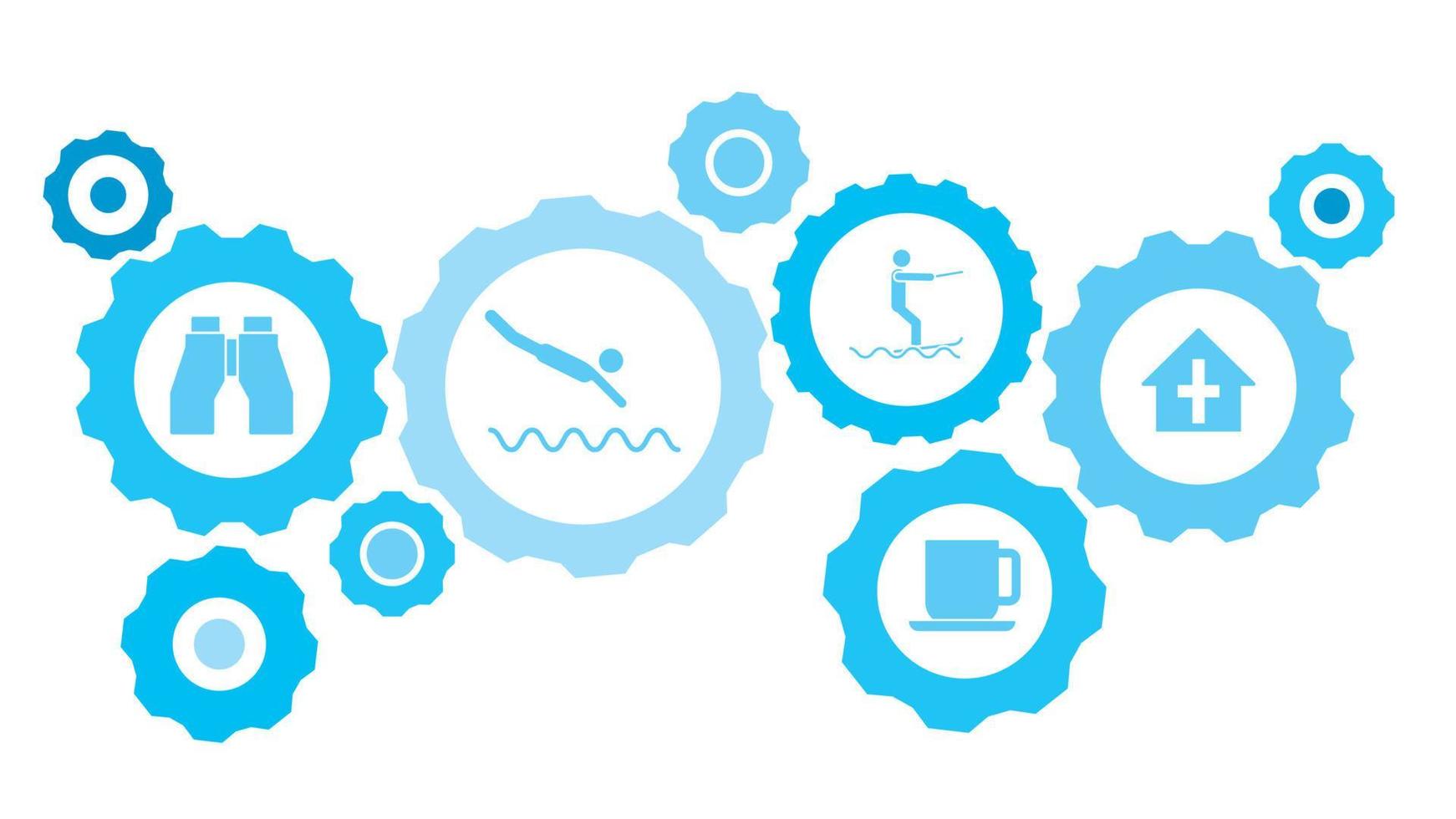 Chapel outline gear blue icon set. Abstract background with connected gears and icons for logistic, service, shipping, distribution, transport, market, communicate concepts vector