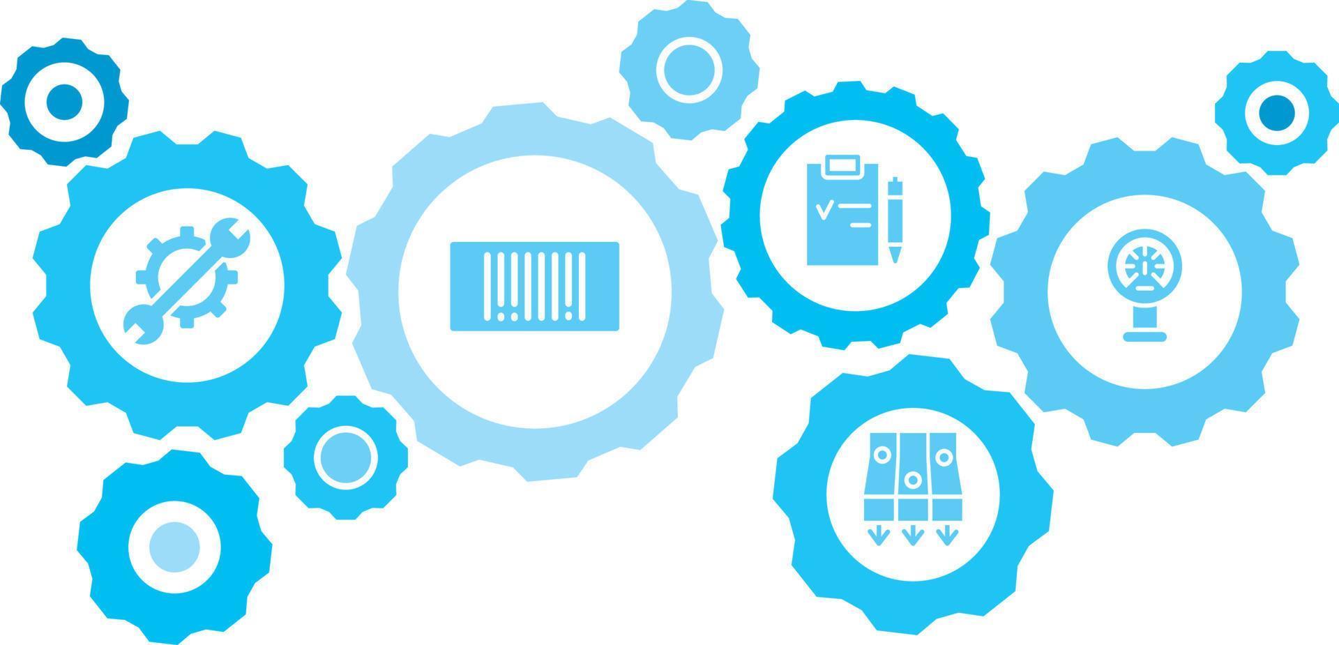 Connected gears and vector icons for logistic, service, shipping, distribution, transport, market, communicate concepts. Mass, production, meter gear blue icon set on white background