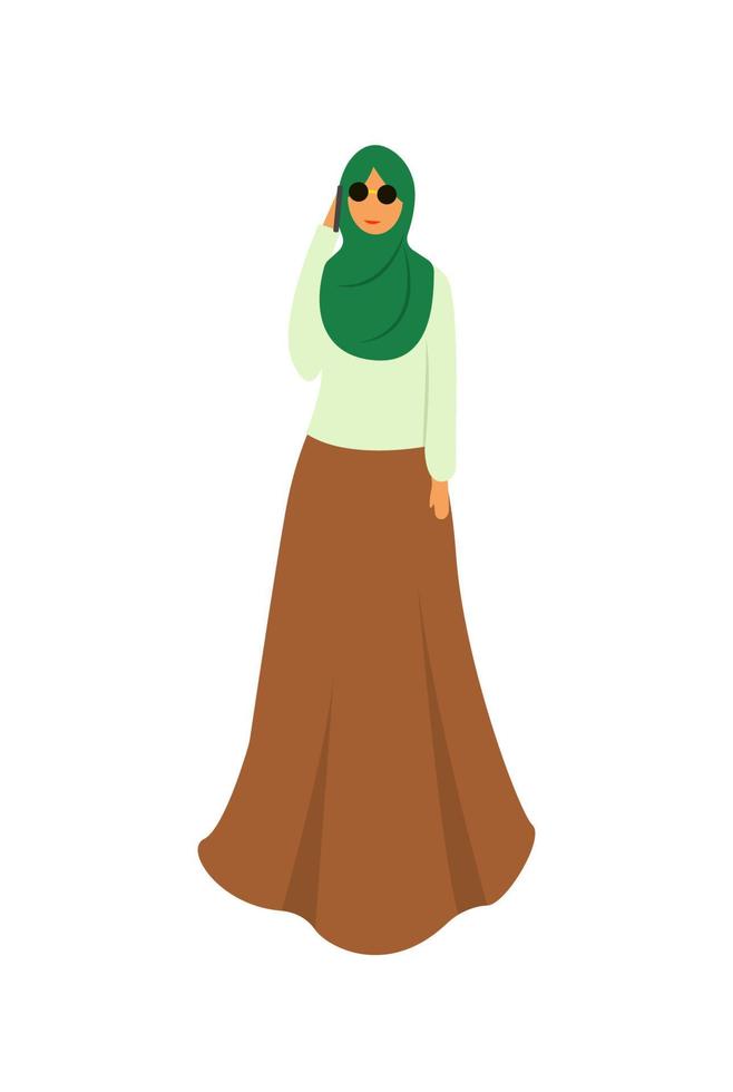 Muslim woman wearing ethnic costumes is walking with mobile phone, Muslim woman use mobile phone vector illustration.