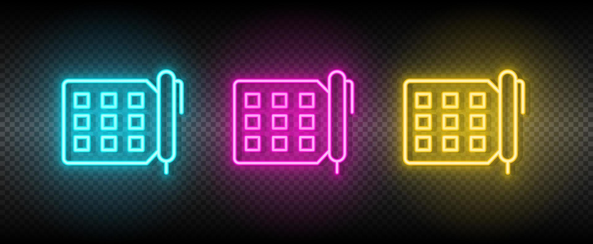 tasks, todo vector icon yellow, pink, blue neon set. Tools vector icon on dark transparency background