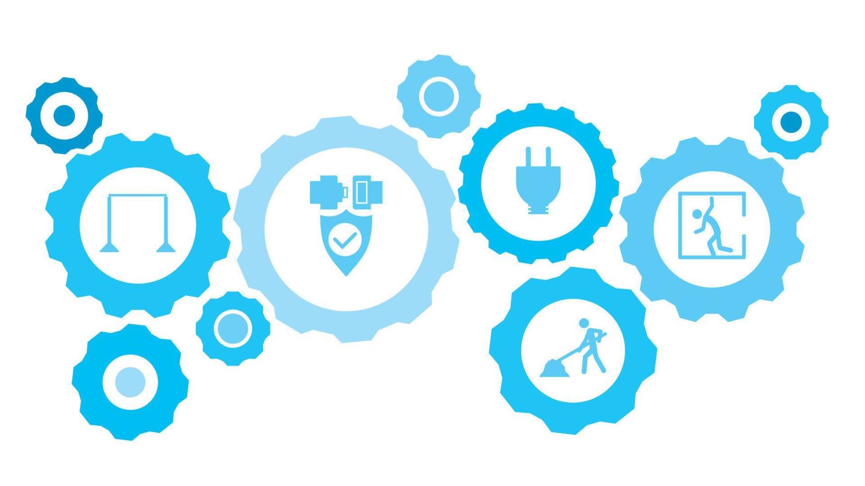 Connected gears and vector icons for logistic, service, shipping, distribution, transport, market, communicate concepts. workers, repair gear blue icon set icon on dark background