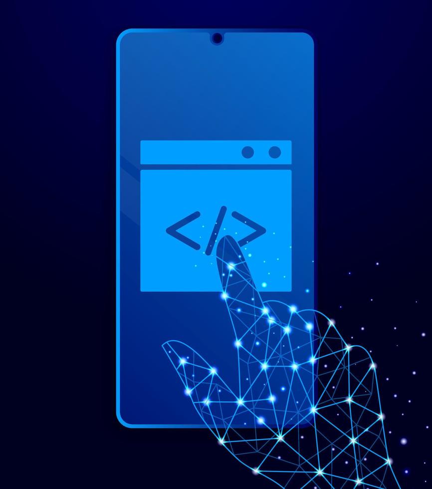 website, internet, browser, code touch phone. Polygon style touch phone vector illustration
