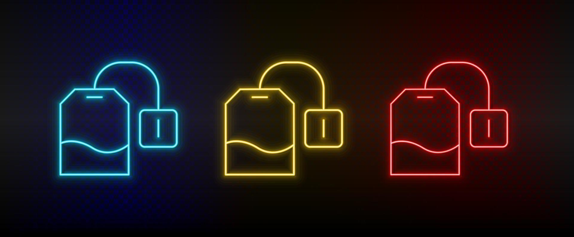 Neon icon set beverages, tea bag. Set of red, blue, yellow neon vector icon on dark background