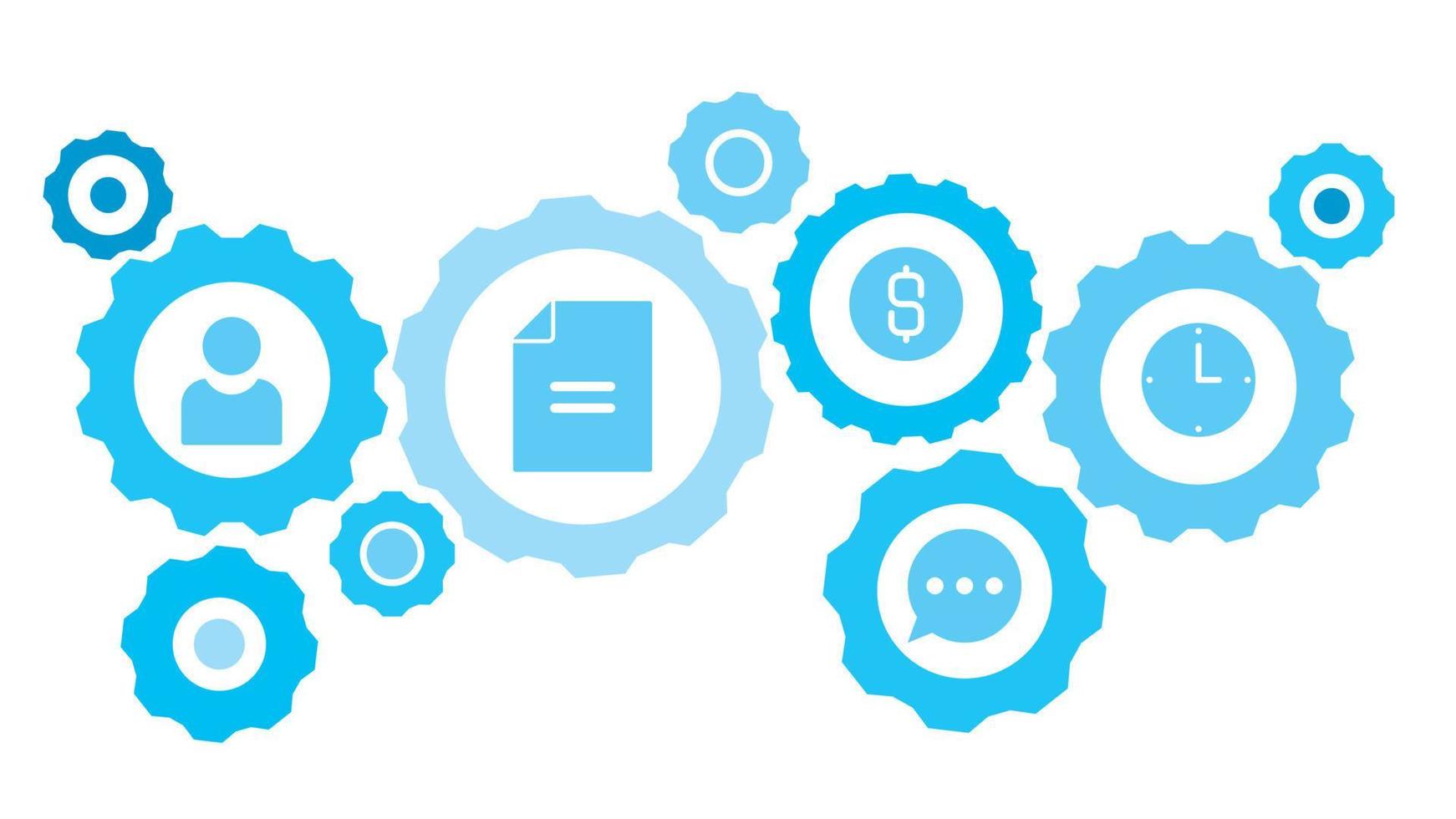 Connected gears and vector icons for logistic, service, shipping, distribution, transport, market, communicate concepts. clock, hour gear blue icon set on white background