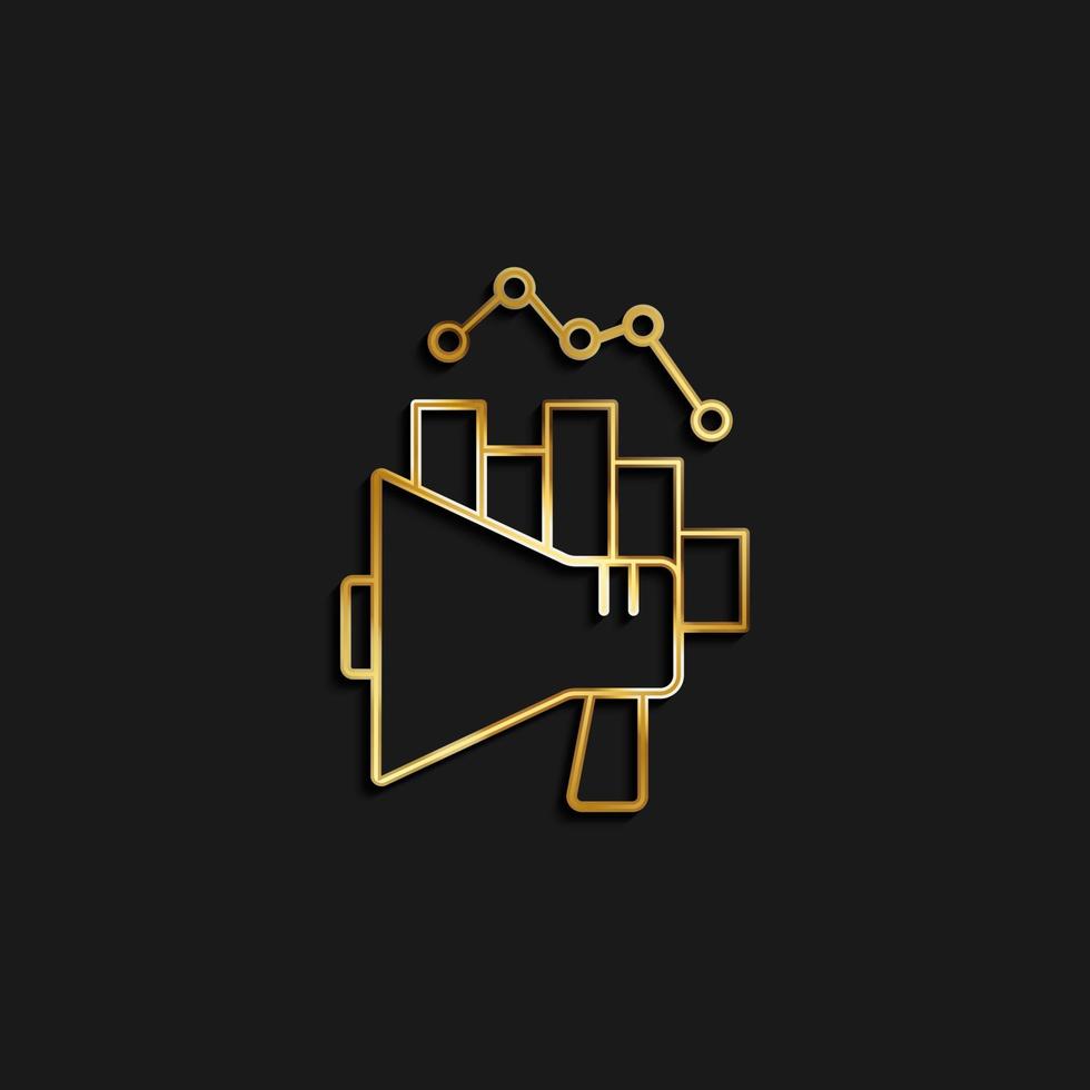 Analytics, chart, marketing, megaphone gold icon. Vector illustration of golden icon on dark background