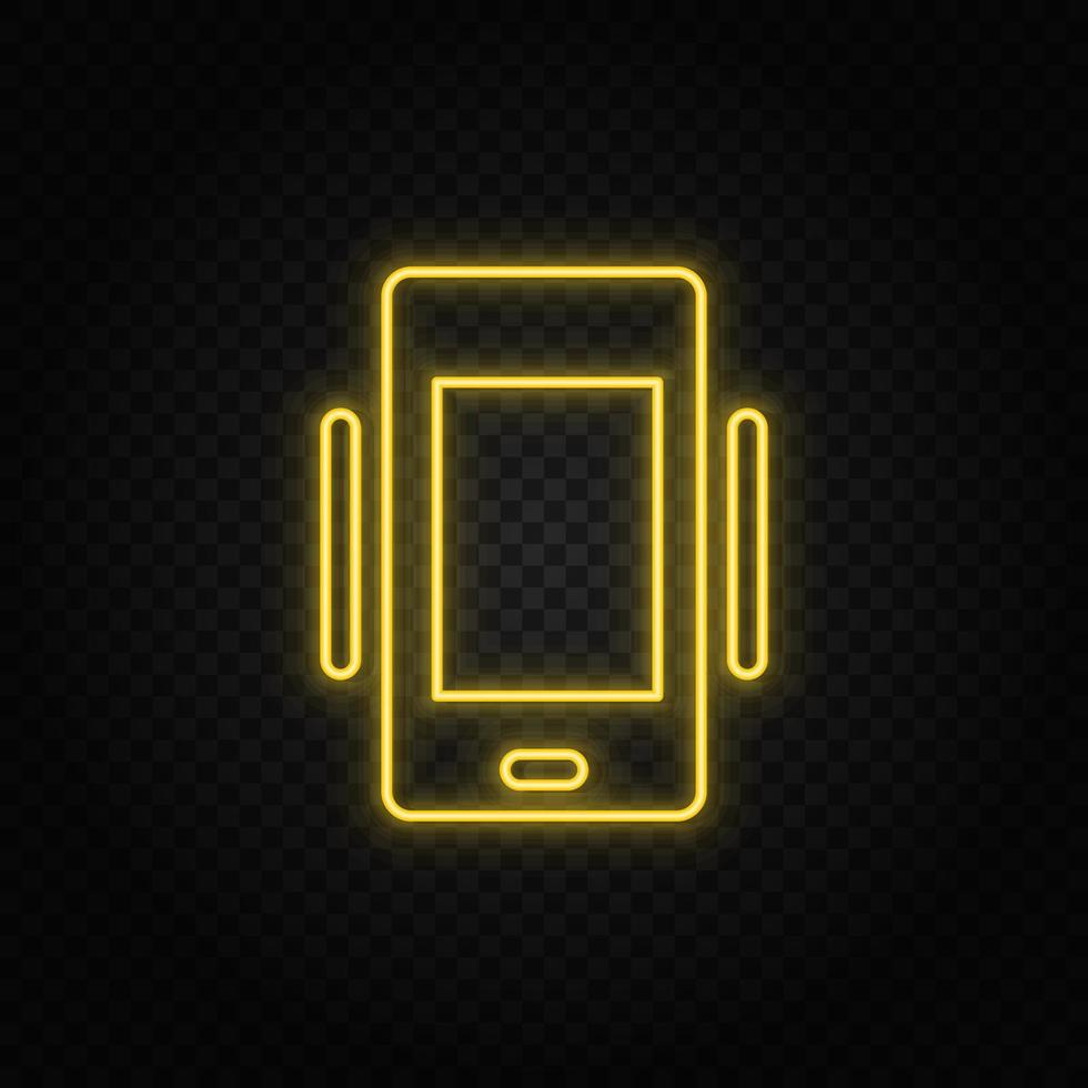 Yellow neon icon phone, vibrate. Transparent background. Yellow neon vector icon on dark background
