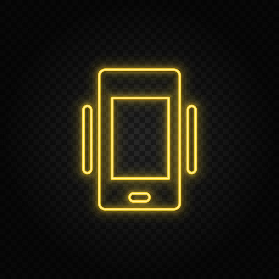 Yellow neon icon phone, vibrate. Transparent background. Yellow neon vector icon on dark background