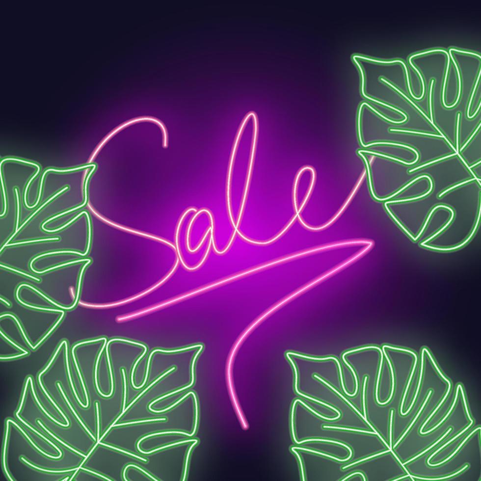 Sale banner with tropical leaves on night sky. Neon bright illustration with flashlight on dark background vector