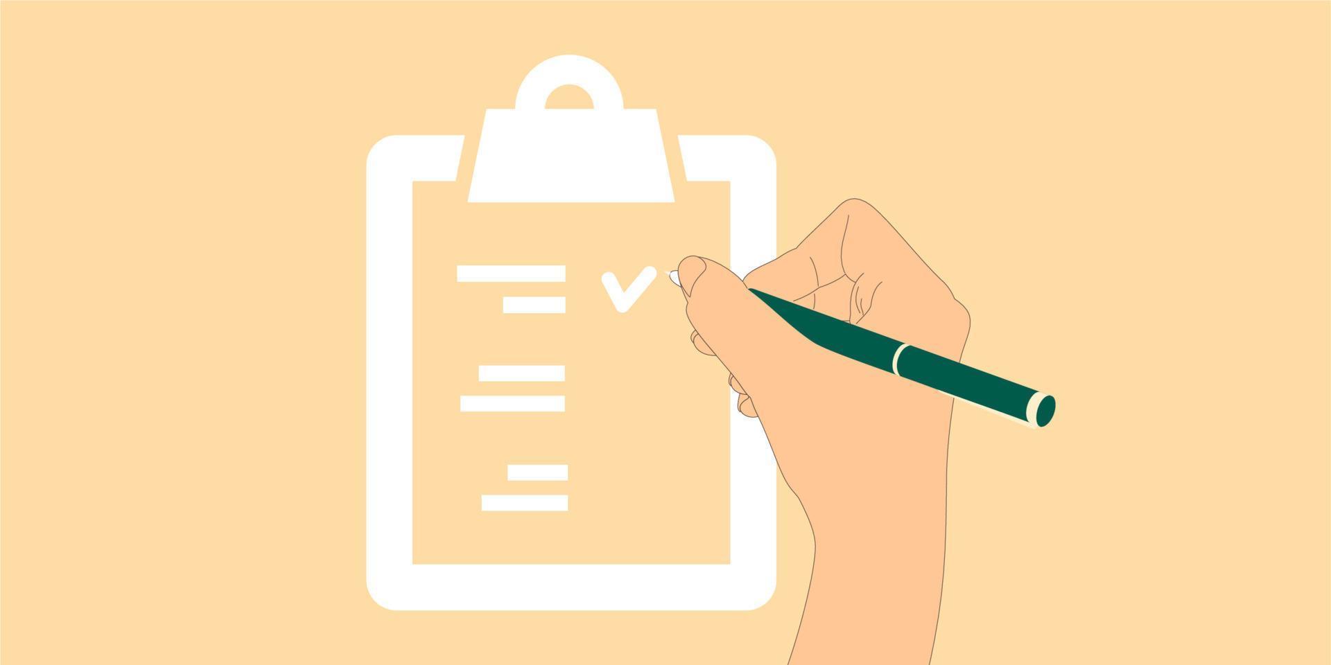 Hand holding pen and filling checklist making mark. Top view. vector
