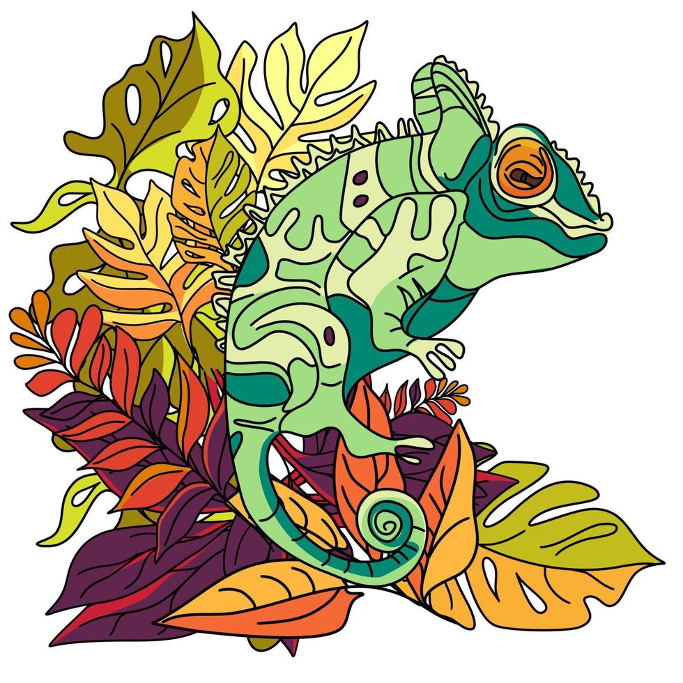Botanical  illustration with funny chameleon in doodle technique in tropical rainforest vector