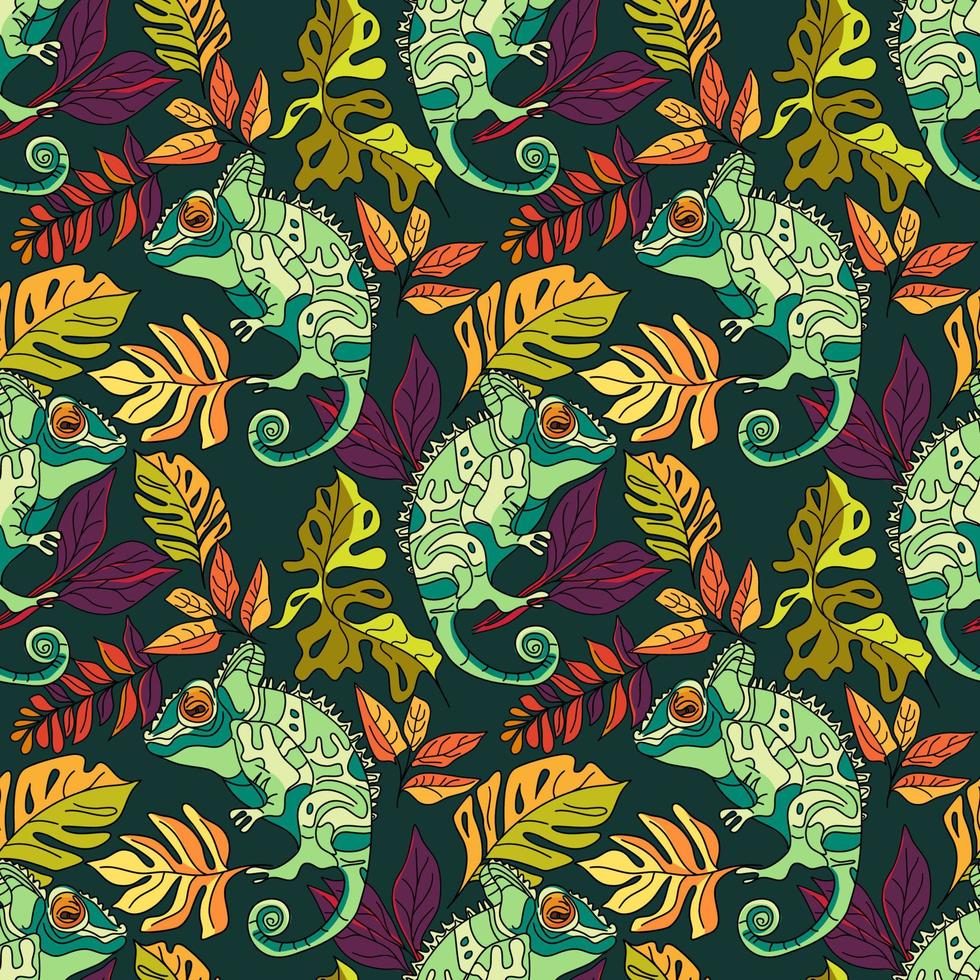 Seamless floral pattern with chameleons and tropical leaves vector
